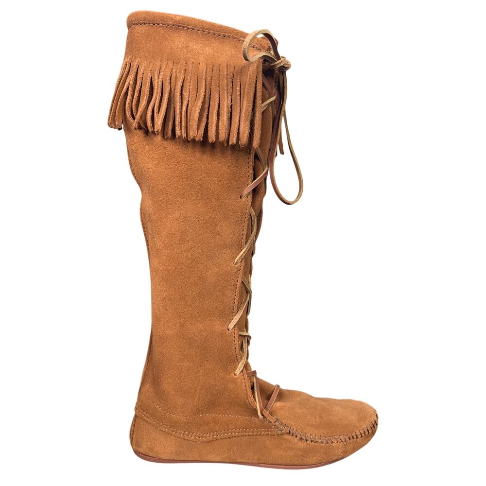 Minnetonka Front Lace Brown Suede Knee High Fringe Moccasin Boots Size 8
